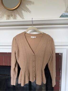 Line & Dot Tan Peplum Button-Front Cardigan